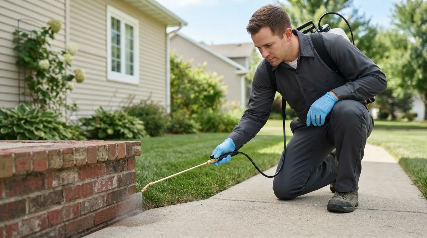 Pest control technician treating a home near Paoli, OK