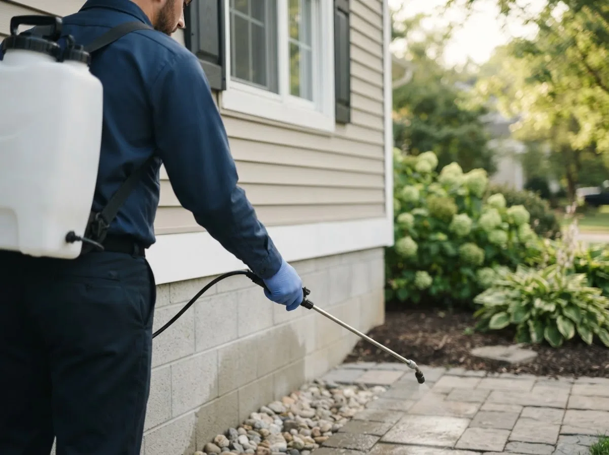 Pest control technician inspecting a home in Paoli, OK